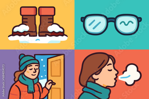 Winter Walk Icons. Colorful vector panel with returning from winter walk and closing moment icon set for snow-covered boots, foggy