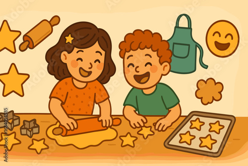 Joyful Cookie Baking. Illustrated banner of baking cookies with kids and joy icon set for star shapes, rolling dough, apron and