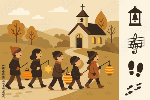 Village Lantern Walk. Clean vector illustration of village children walking to chapel and seasonal tradition icon set for lanterns