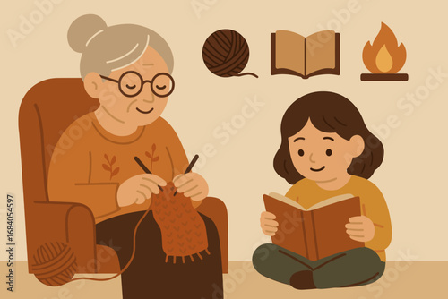 Generational Bonding Scene. Flat scene showing elder knitting beside child reading and generational bond icon set for glasses,