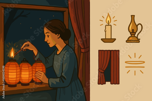 Lantern Lighting Ambiance. Scene banner with person lighting lanterns in window and ambiance icon set for candlelight, brass lamp,
