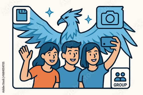 Group Selfie Fun. Vector layout showing group selfie with ice phoenix and memory icon set for phone camera, group pose, wingspan