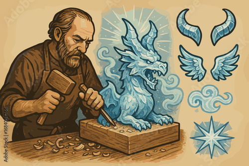 Artisan Carving Fantasy Beasts. Scene with artisan carving mythical beast and fantasy ice icon set for horns, wings, frosty mist