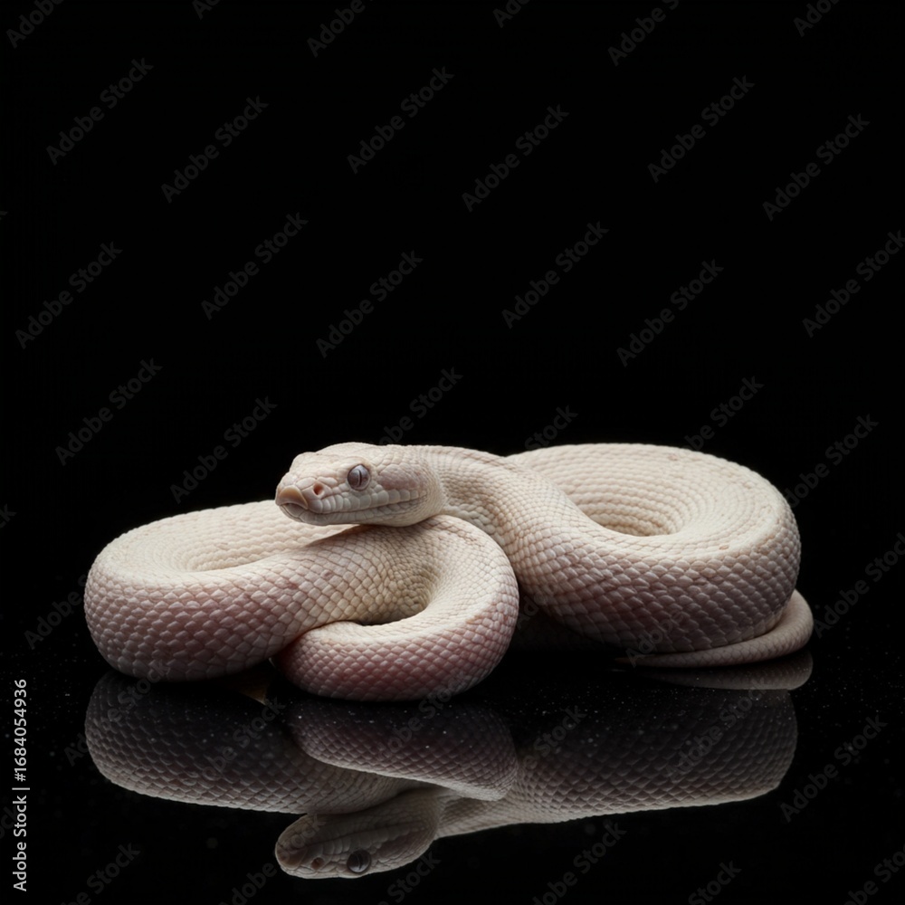 Fototapeta premium Elegant Albino Snake Coiled on Reflective Obsidian - Studio Stock Photo