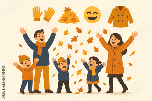Family Autumn Fun. Flat vector illustration featuring family with kids tossing leaves and seasonal joy icon set for gloves, leaf