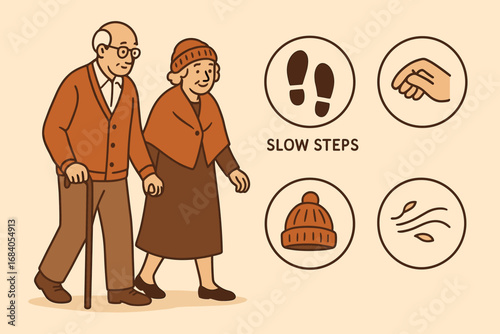 Grandparents' Leisurely Stroll. Illustrated banner of grandparents walking with cane and tranquil day icon set for slow steps,