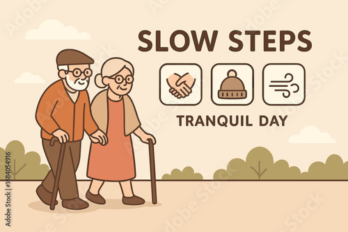 Grandparents' Leisurely Stroll. Illustrated banner of grandparents walking with cane and tranquil day icon set for slow steps,