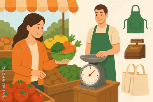 Market Weighing Scene. Scene illustration showing woman weighing vegetables at market and vendor icon set for scale, apron, cash