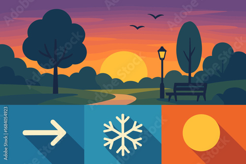Dusk in Quiet Park. Colorful vector panel with dusk falling over quiet park and transition icon set for long shadow, cooling air,