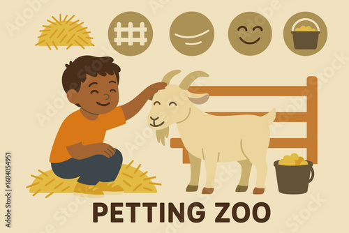 Child at Petting Zoo. Flat vector banner with child petting goat at petting zoo and farm experience icon set for straw bedding,