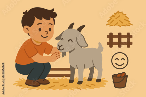 Child at Petting Zoo. Flat vector banner with child petting goat at petting zoo and farm experience icon set for straw bedding,