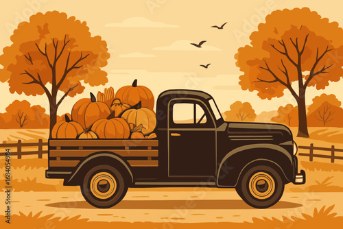 Vintage Farm Truck Scene. Vector composition of vintage farm truck loaded with pumpkins and harvest goods, with scenic rural