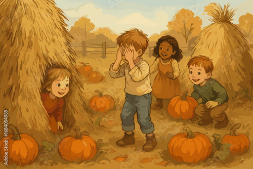 Autumn Hide and Seek. Illustration of children playing hide and seek between haystacks and pumpkins in rustic field, capturing