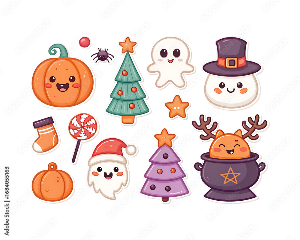 Fototapeta premium Cute christmas and halloween characters isolated on transparent background set of cartoon pumpkins, ghosts, christmas tree and santa for decoration