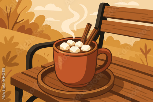 Cozy Cocoa Delight. Vector art of warm cocoa served with marshmallows and cinnamon sticks on rustic tray by outdoor bench.
