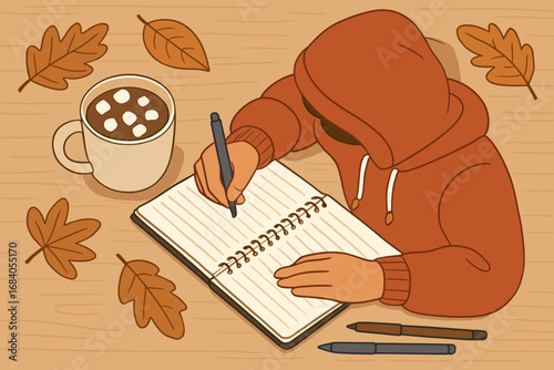 Journaling in Cozy Surroundings. Commercial vector of student journaling in spiral notebook, surrounded by hot cocoa, leaves, pens