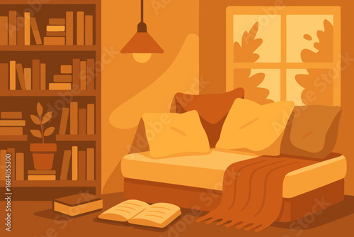Cozy Reading Nook. Flat design banner of reading nook filled with soft pillows, throw blanket, bookshelves and warm autumn