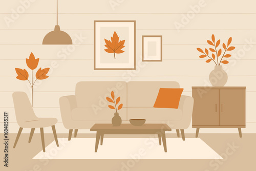 Minimalist Autumn Living Space. Vector layout of minimalist autumn living space with wooden textures, neutral palette, and orange