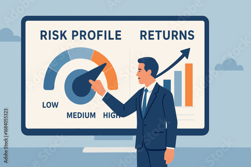 Investor Adjusting Risk Profile. Horizontal banner of investor adjusting risk profile on digital platform with dial and return