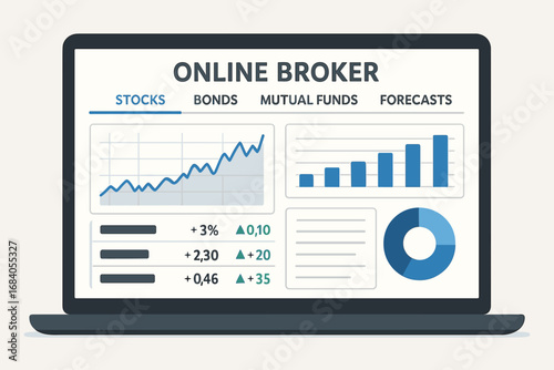 Broker Dashboard Interface. Illustrated online broker dashboard on laptop screen with tabs for stocks, bonds, mutual funds and