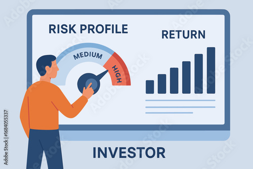 Investor Adjusting Risk Profile. Horizontal banner of investor adjusting risk profile on digital platform with dial and return
