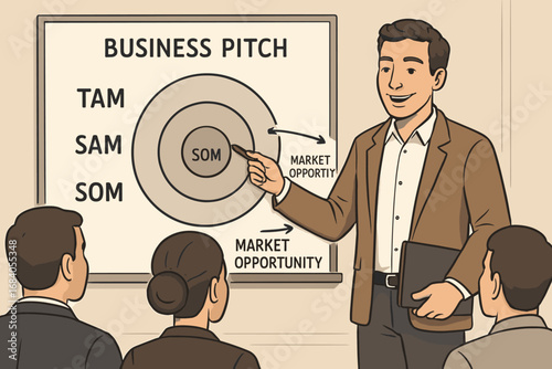 Business Pitch Illustration. Illustrated business pitch scene with founder at whiteboard, showing TAM, SAM, SOM, and market