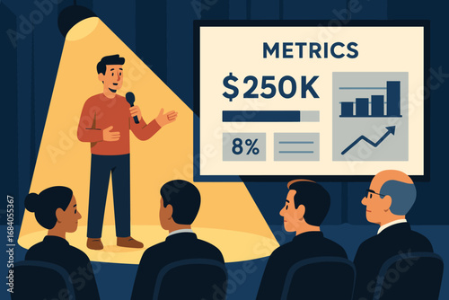 Entrepreneurial Pitch Event. Flat vector of pitch event on stage — spotlight on entrepreneur, big screen metrics, and attentive