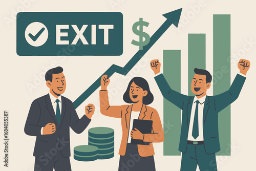 Successful Exit Strategy. Scene of successful VC exit strategy — acquisition, IPO or buyout visualized with financial uplift