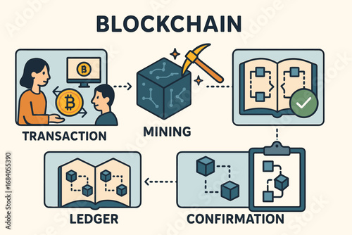 Blockchain Process Explained. Illustrated educational layout explaining blockchain steps — transaction, mining, ledger recording