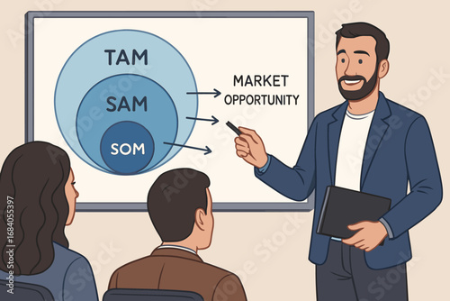 Business Pitch Illustration. Illustrated business pitch scene with founder at whiteboard, showing TAM, SAM, SOM, and market