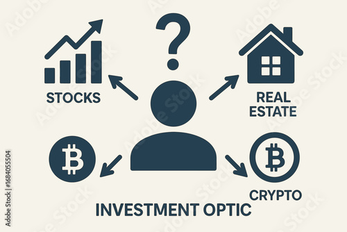 Investment Decision Visualization. Vector layout of stock vs real estate vs crypto investment decision making process visualized.