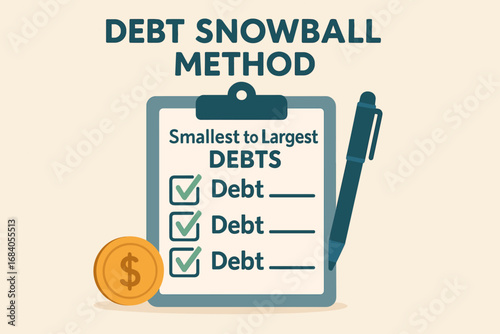 Debt Snowball Checklist. Vector illustration of personal debt snowball method — checklist of smallest to largest debts being paid