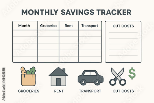 Monthly Savings Tracker. Modern vector layout of monthly savings tracker with minimalist icons — groceries, rent, transport and