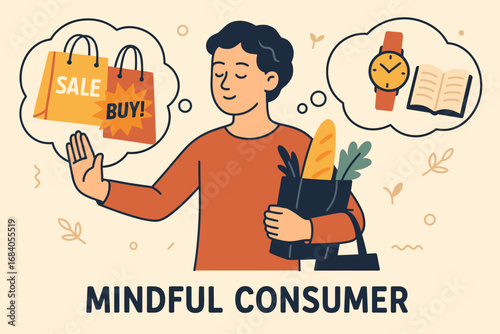 Mindful Shopping Choices. Vector illustration of mindful consumer rejecting impulse buys and choosing meaningful purchases.