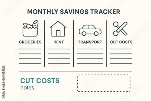 Monthly Savings Tracker. Modern vector layout of monthly savings tracker with minimalist icons — groceries, rent, transport and