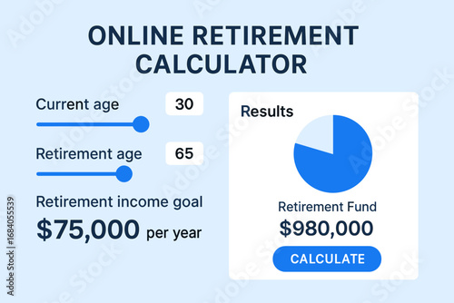 Online Retirement Calculator. Commercial banner of online retirement calculator showing age sliders, income goals, and results