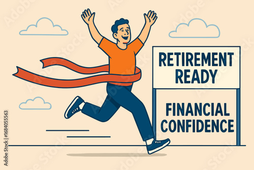 Retirement Finish Line. Horizontal layout of person crossing finish line labeled “Retirement Ready” with financial confidence.