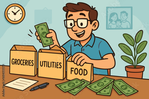Family Budgeting Cartoon. Cartoon-style banner of dad using envelope system for family budgeting, placing cash into labeled