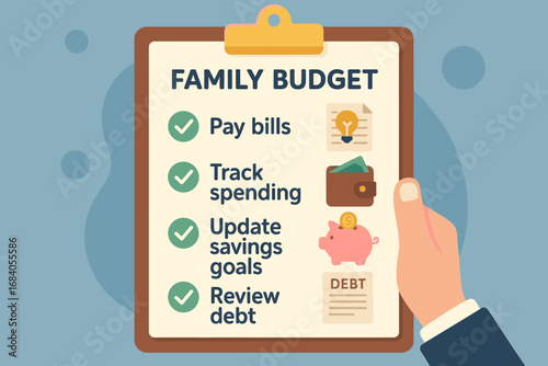 Family Budget Checklist. Flat design of family budget checklist — pay bills, track spending, update savings goals, and review debt