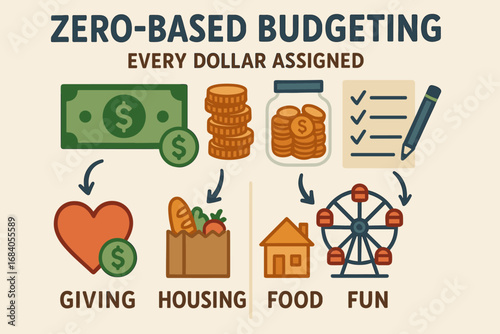 Zero-Based Budgeting Concept. Illustrated concept of “zero-based budgeting” — every dollar assigned with no leftovers, including