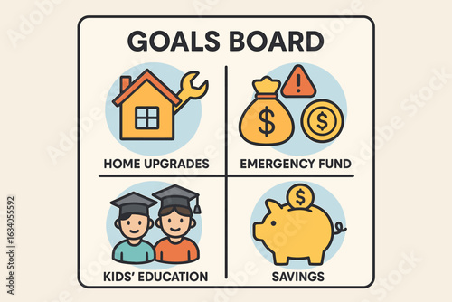 Visual Goals Board. Vector art of visual goals board with home upgrades, emergency fund, kids’ education and savings icons.