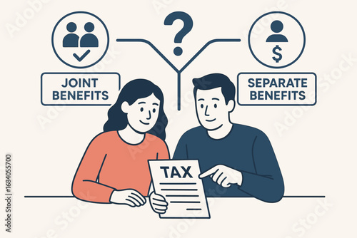 Couple's Tax Filing Decision. Vector illustration of couple filing jointly — decision point with icons showing joint vs separate