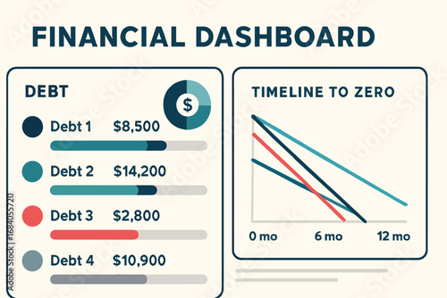 Financial Dashboard Overview. Modern vector layout of financial dashboard showing multiple debts, payment progress bars, and