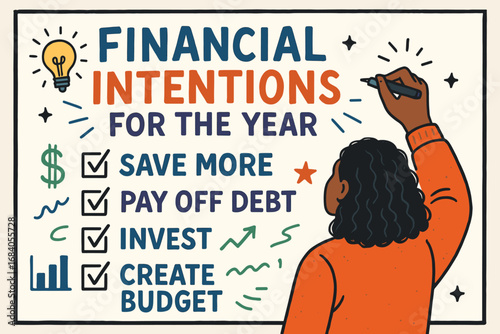 Financial Intentions Whiteboard. Banner showing person writing financial intentions for the year on large whiteboard with creative