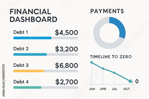Financial Dashboard Overview. Modern vector layout of financial dashboard showing multiple debts, payment progress bars, and