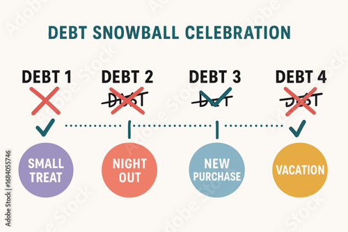 Debt Snowball Celebration. Horizontal layout of debt snowball celebration timeline — crossing off each debt with reward moments.
