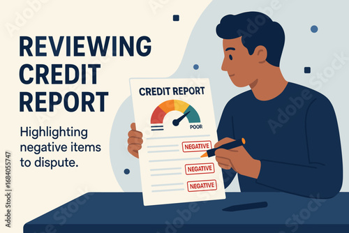 Credit Report Review. Modern banner of person reviewing credit report and highlighting negative items to dispute.