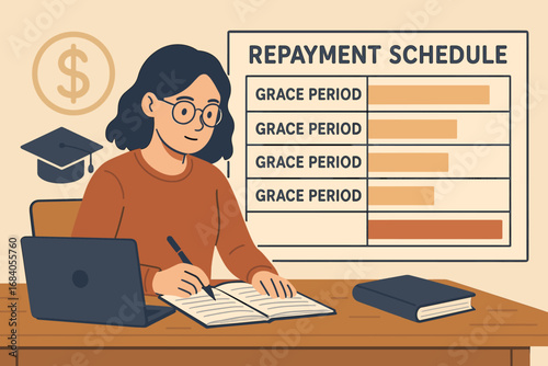 Student Loan Planning. Horizontal banner of student building repayment schedule for education loans with grace period notes.