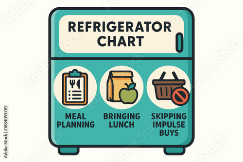 Good Habits Icons. Vector art of refrigerator chart with icons for good habits: meal planning, bringing lunch, skipping impulse