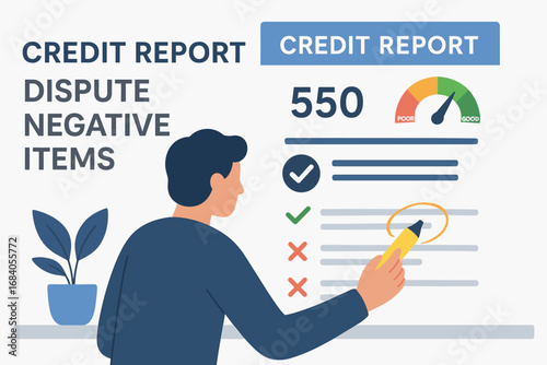 Credit Report Review. Modern banner of person reviewing credit report and highlighting negative items to dispute.